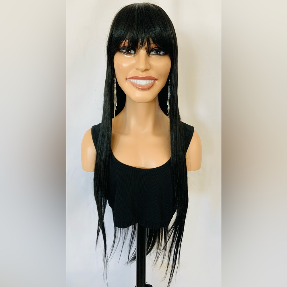 Unisex Long Straight Black Premium Fiber Wig with Bangs for Daily Wear/Events 🖤